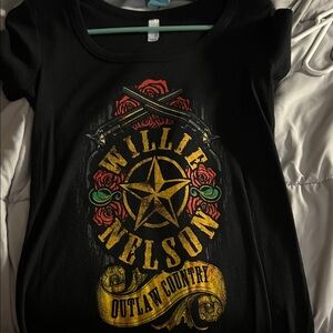 Willie Nelson Black Graphic Tee with Star and Rose Design
